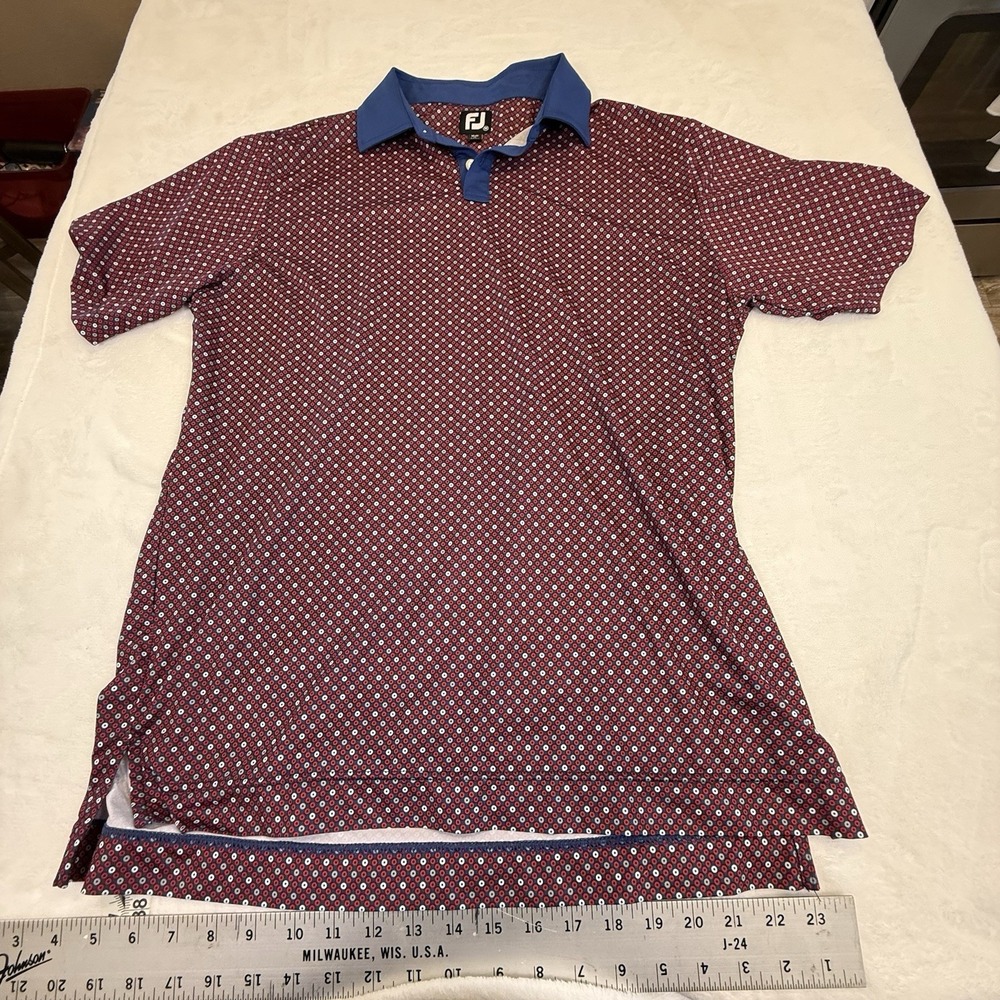 FootJoy FJ Golf Polo Shirt Mens Medium Performance Blue Red Geometric Print